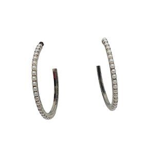 Silver Tone Faux Pearl Pave Hoop Earrings 2-Inch Diameter For Women